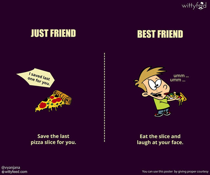 Your best friend cares about you. He will shamelessly steal last slice of pizza so you don't get fat.