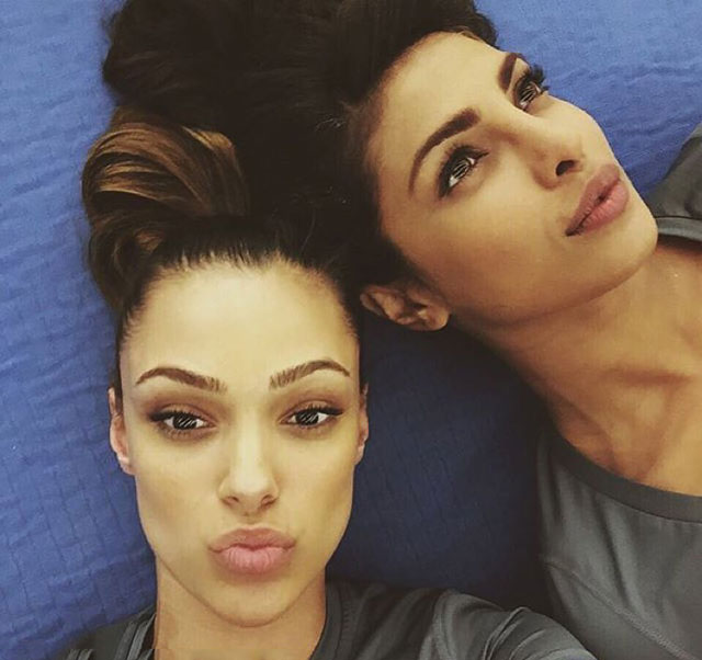 Priyanka Chopra Leading American TV Show Quantico - She and Anabelle Acosta about to shoot knife combat fight scene but first selfies.